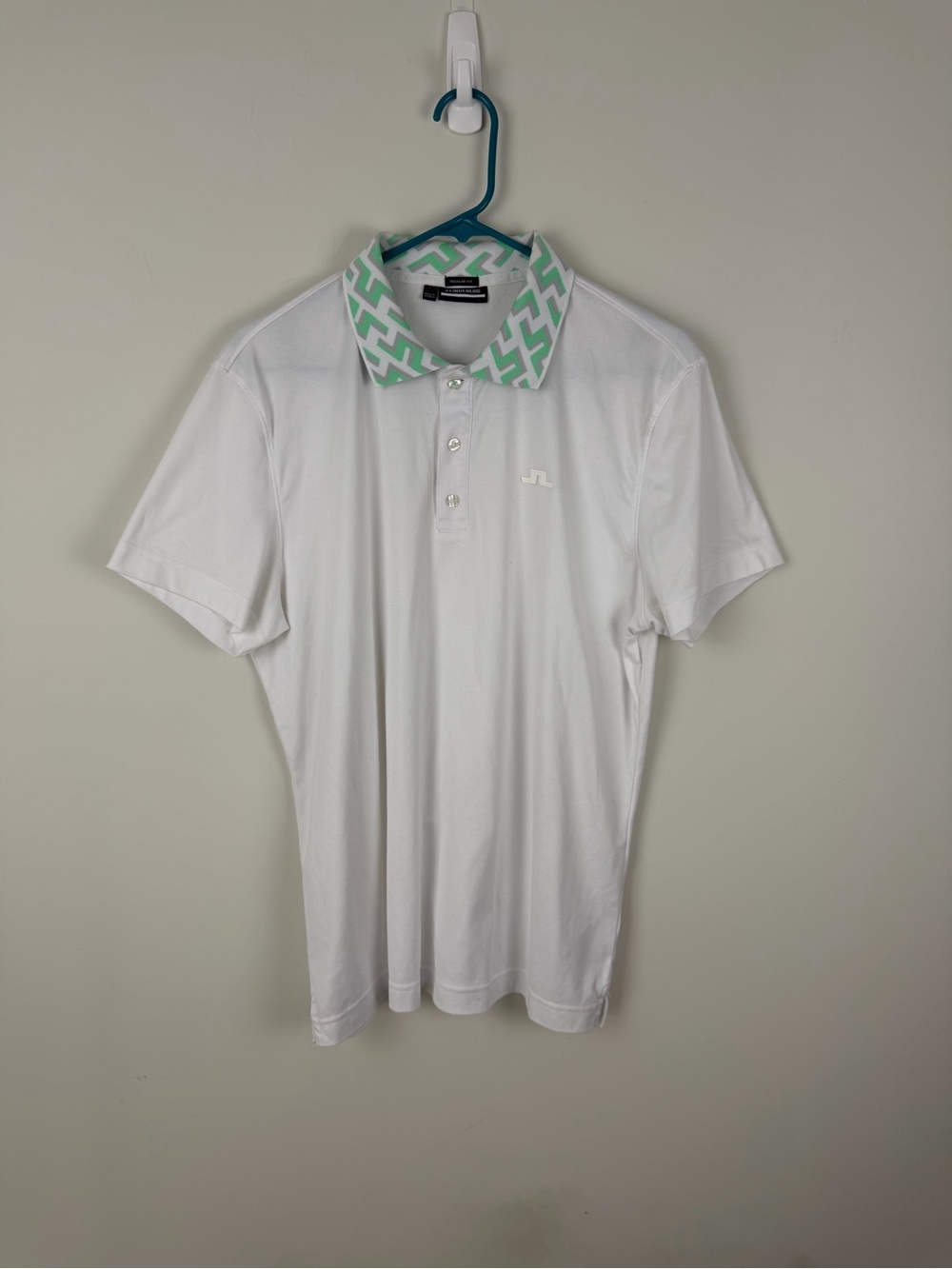 J.Lindeberg White Polo with Mint Geometric Collar